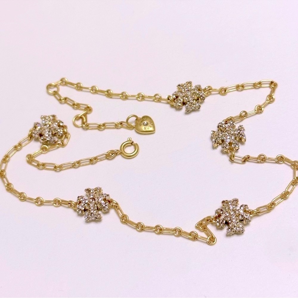 Tory Burch Gold Toned Chain Necklace with Crystal Flower Motifs